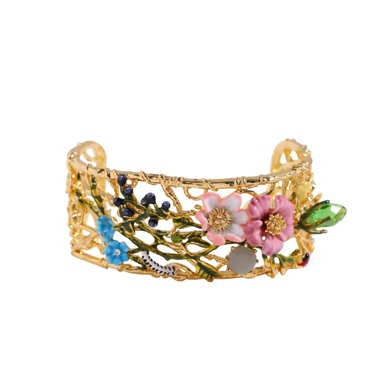 

Spring Light Luxury Pastoral Garden Series Pink Flower Green Zircon Caterpillar Small Blue Flower Wide Opening Bangle for Women