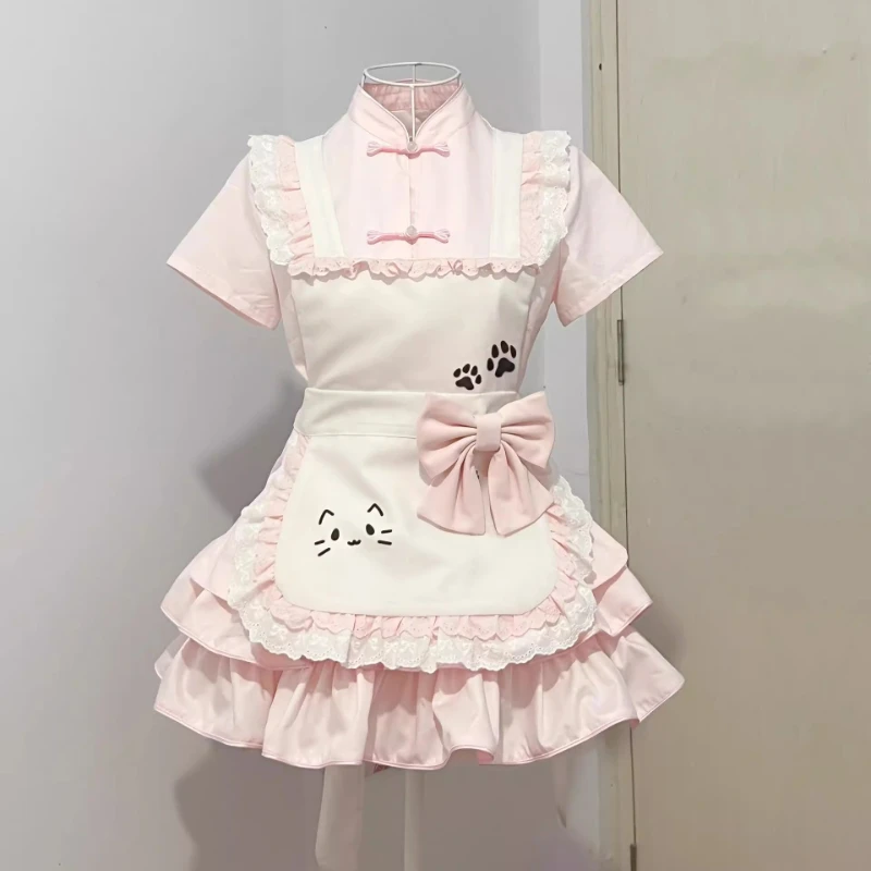 Japanese Kawaii Lolita Maid Dress Set Women Sweet Lace PatTchwork Cute Print Bow Apron Princess Dresses Elegant Party Mini Dress