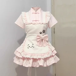 Japanese Kawaii Lolita Maid Dress Set Women Sweet Lace PatTchwork Cute Print Bow Apron Princess Dresses Elegant Party Mini Dress