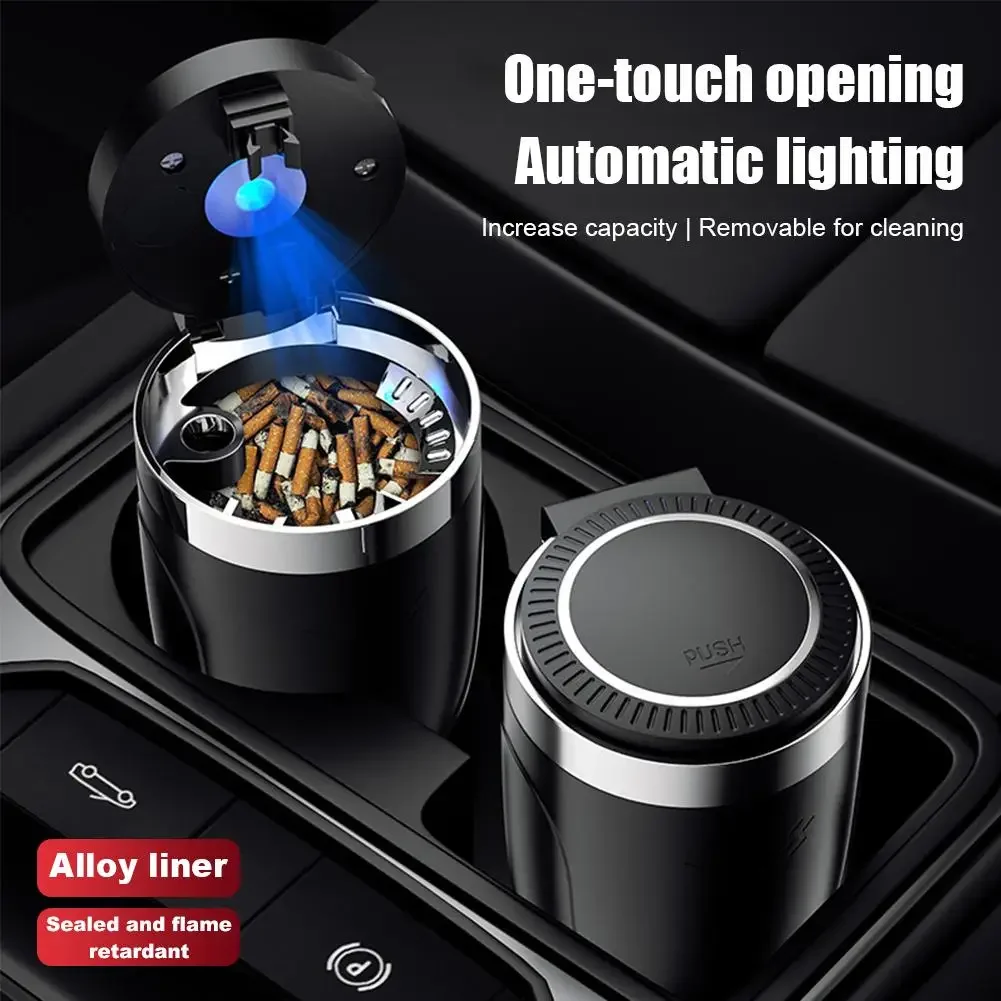 Car Ashtray With LED Light Universal Alloy Ash Tray Aluminum Cup Smokeless Auto Ashtray Flame Retardant Cigarette Holder Box
