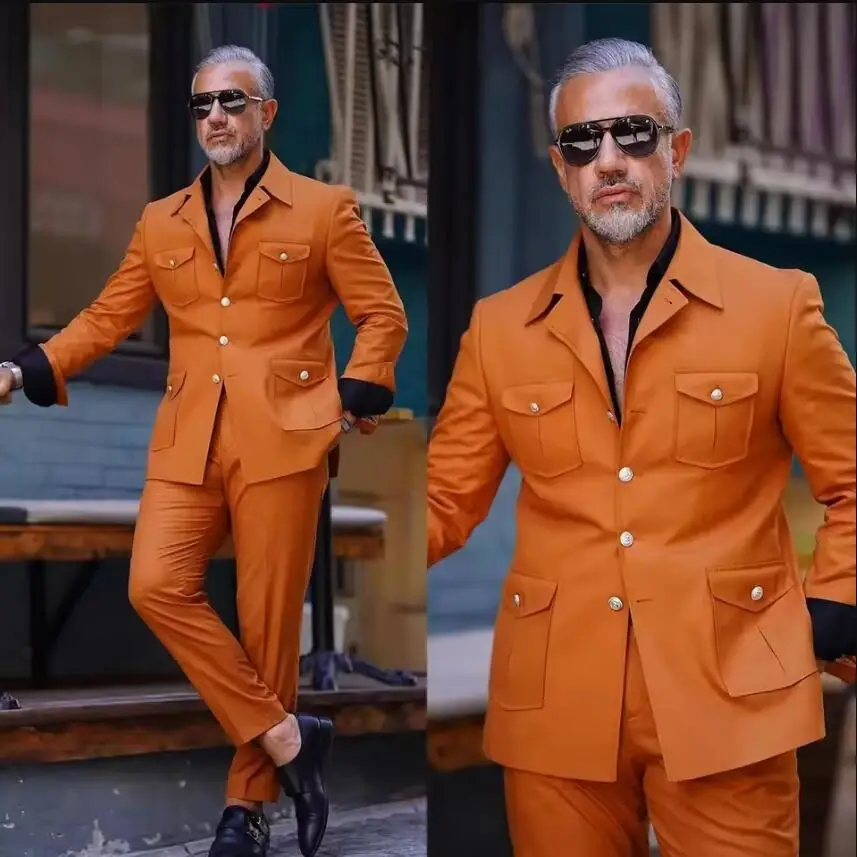 

New Design Orange Wedding Men Suits Business Causal Designer Jacket Pants Set Four Pockets Blazer Formal Party Male Suit 2 Piece