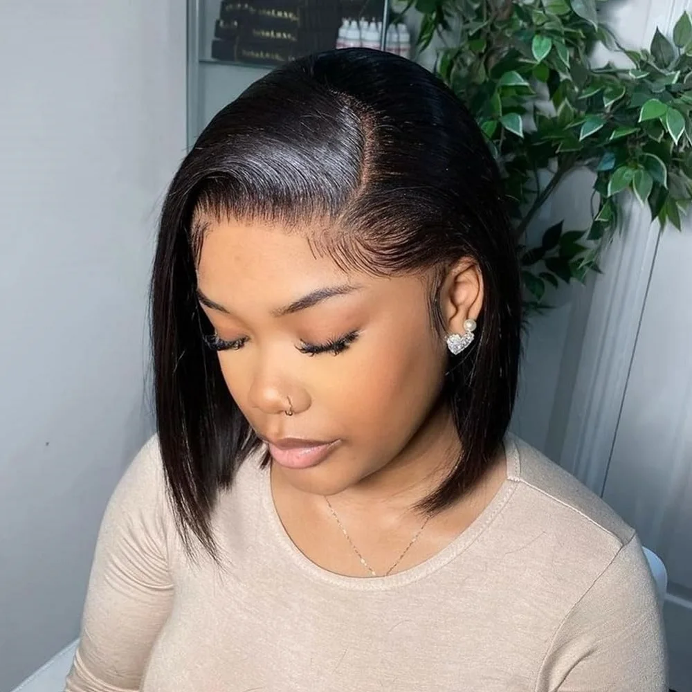 Parrucca Bob Capelli umani 6x4 Parrucche anteriori in pizzo dritto HD Capelli umani con capelli del bambino Parrucche Glueless a densità 180% Capelli umani Pre pizzicati