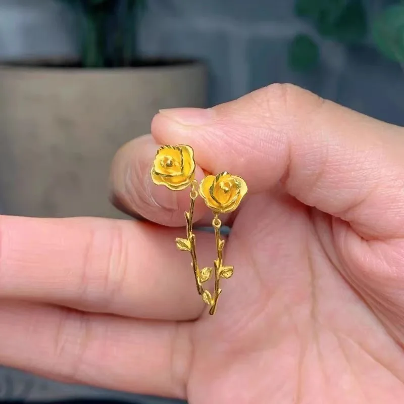 Luxury 24K 9999 Pure Gold real gold Women's Rose Stud Earrings Ring Necklace Set