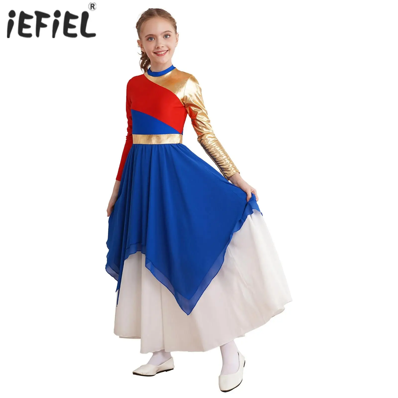 

Kids Girls Metallic Color Block Contemporary Liturgical Praise Ballet Lyrical Dance Dress Irregular Hem Worship Church Costume