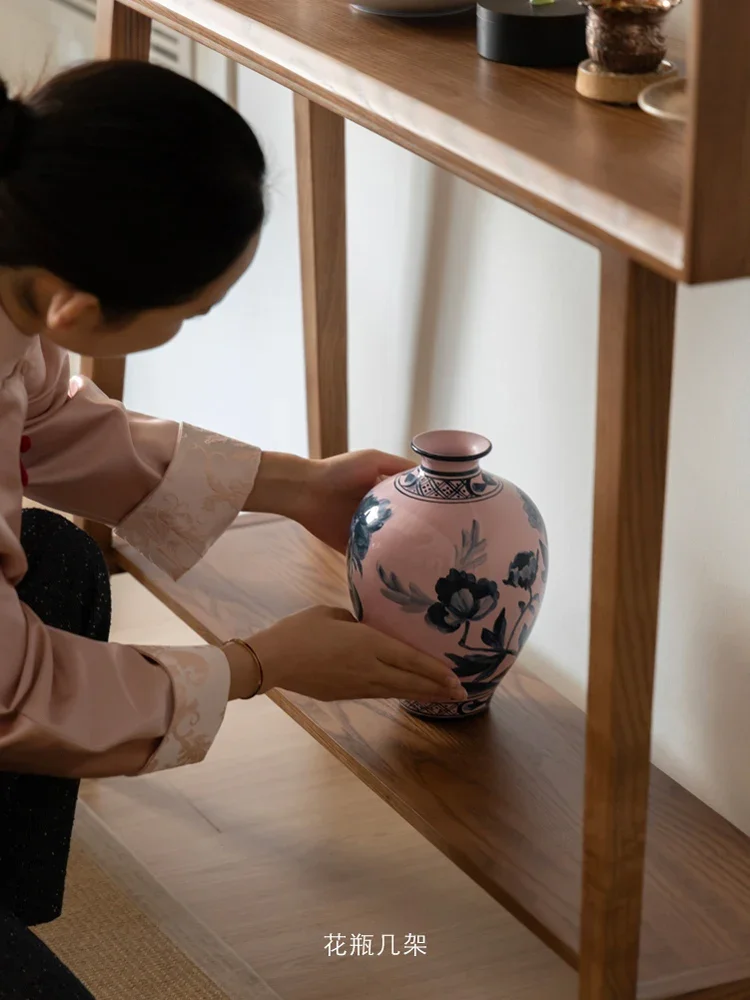 خشب الرماد الخشب الصلب، طاولة جانبية شفافة للشرفة، حقيبة رف المتحف، طاولة تخزين بطبقة مزدوجة #3