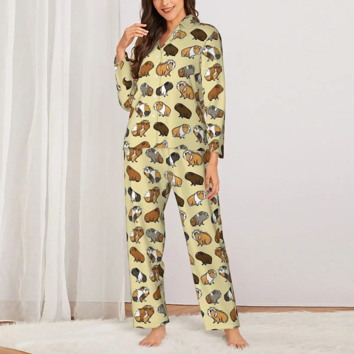 Guinea Pig Print Pajama Set Funny Animals Fashion Sleepwear Women Long Sleeves Casual Loose Room 2 Pieces Nightwear Big Size 2XL