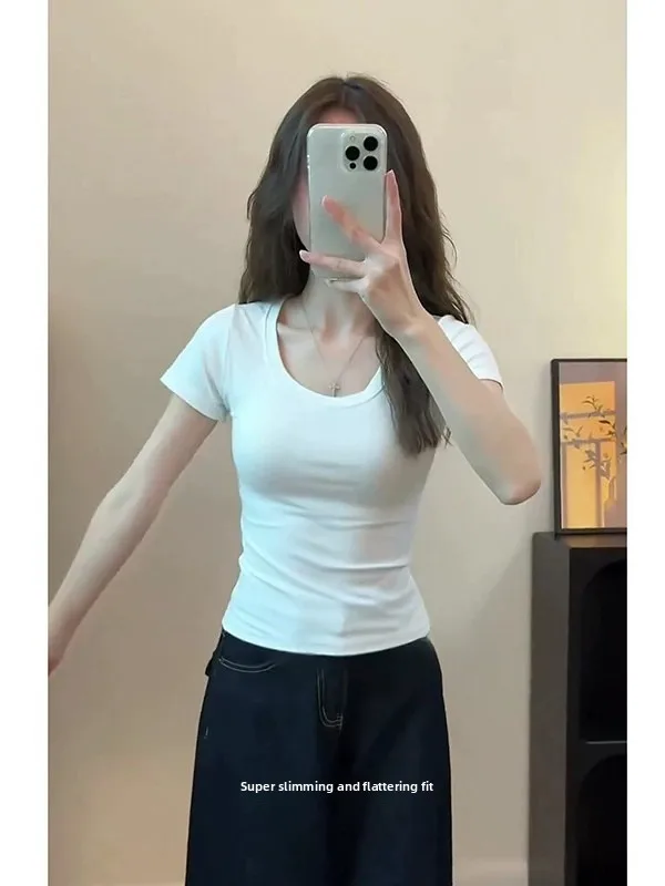 

plus Size Women's Slim Fit ort Sve T-irt U-Ne Pure Color Summer Faionable Versatile Big Size Inner Wear Top