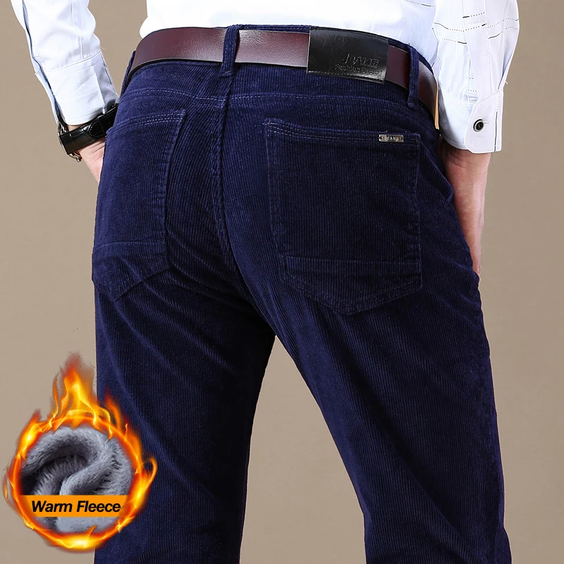 Corduroy Fleece Men's Pants Warmth Thickened Velvet Slim Straight-fitting Stylish Blue Business Casual Trousers High Quality