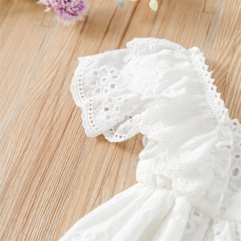 Newborn Girl Short Sleeve Dress Solid Color Hollow Out Ruffles Decor Sweet Dress Casual Simple Clothes