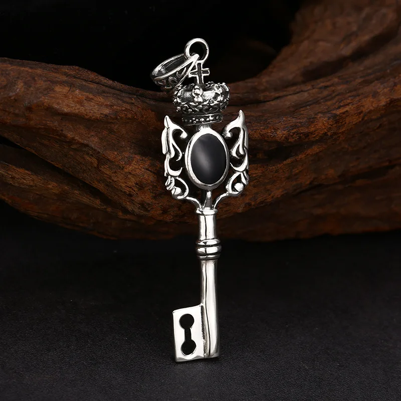 S925 Sterling Silver Keys Pendant Black Color Old Process Cross Crown Drop Oil Unisex Fine Jewelry FYNE440
