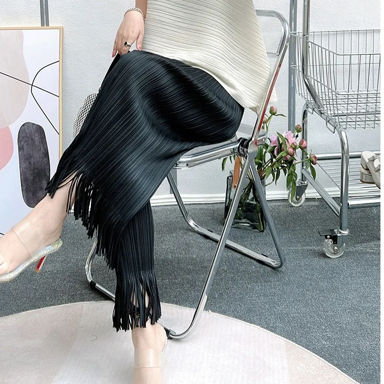 Miyake Pleated Loose Straight Leg Pants, Fashionable Tassel Lace Flared Pants, Summer Comfortable and Casual Cropped Pants