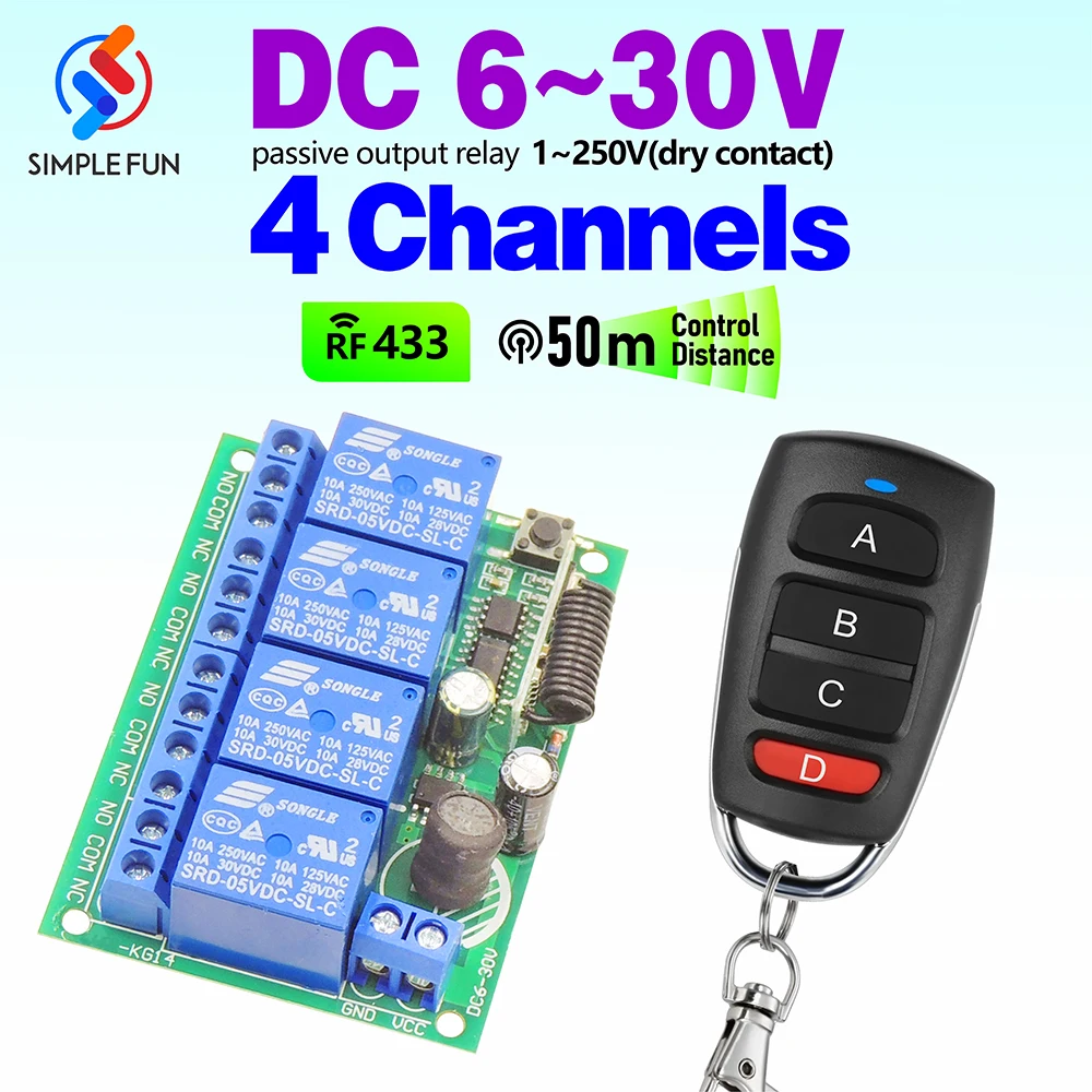 433MHz Universal Wireless Remote Control Switch  DC 6V 12V 24V 10A RF Receiver,50m Transmitter,for Garage Door Motor Lamp DIY