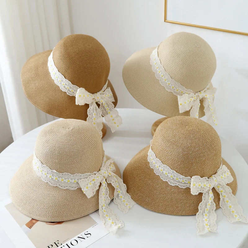 

Lace-Trimmed Yellow And White Floral Bow Ribbon Straw Hat, Fashionable Bow Ribbon Sunhat Summer Hats Women