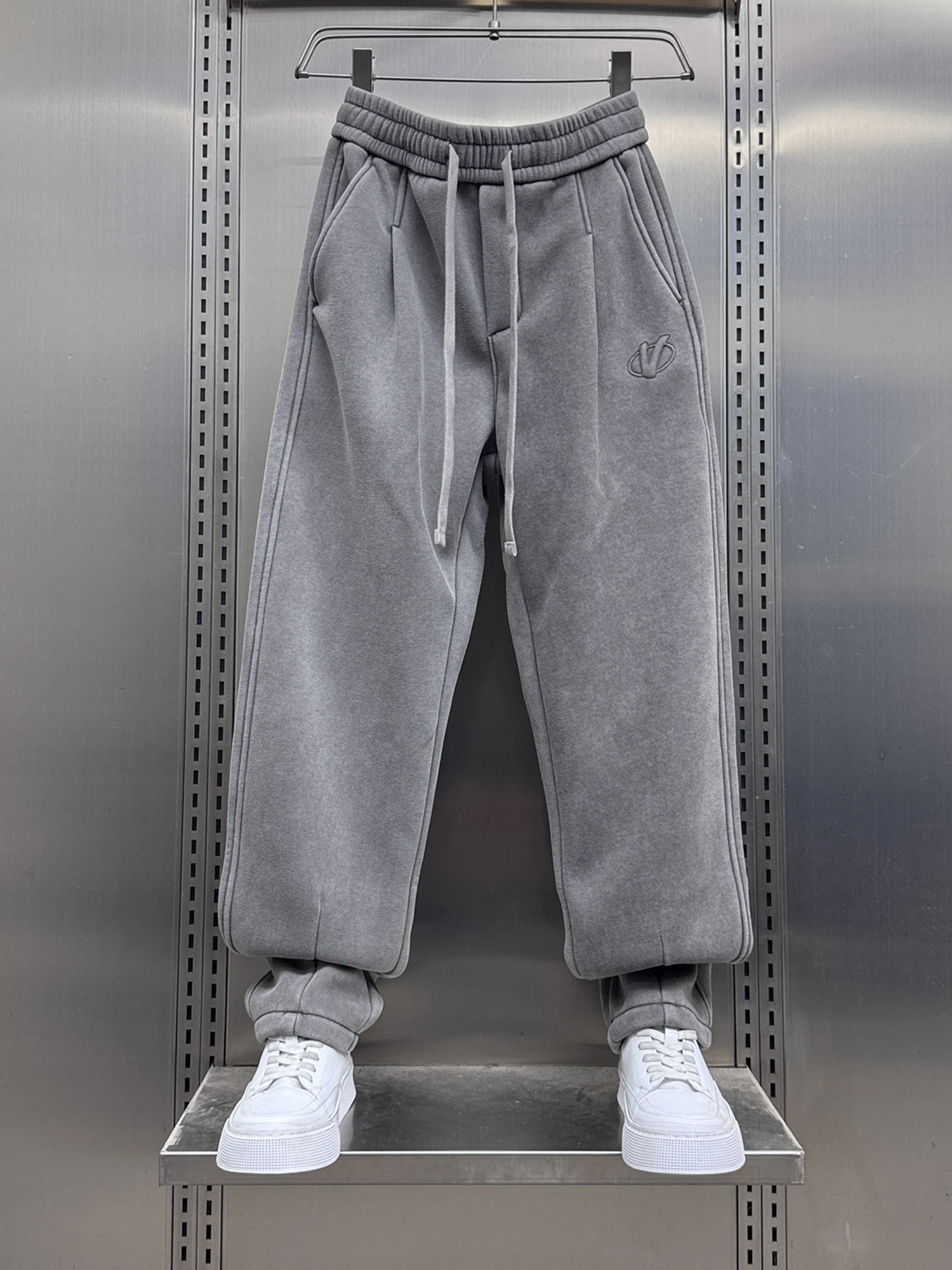 

Waed Vintage Men's Loose Straight Leg Sweatpants Autumn Winter New Arrival Pure Color Casual Long Pants Warm Fce Lined