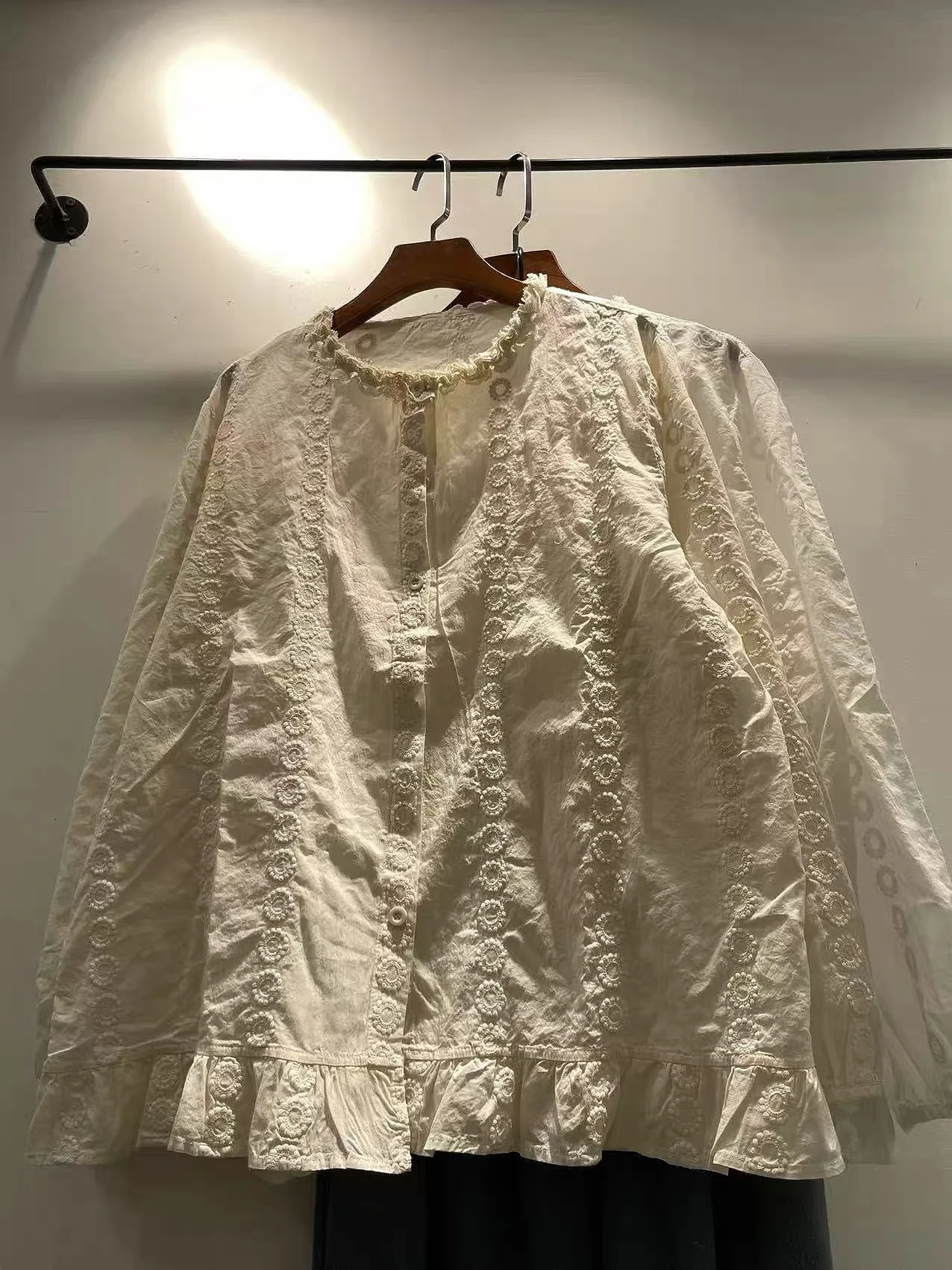 Women Japanese Style All Over Floral Embroidery Cotton Blouse Mori Girl Ruffle Round Neck Long Sleeve Sweet Loose Shirt