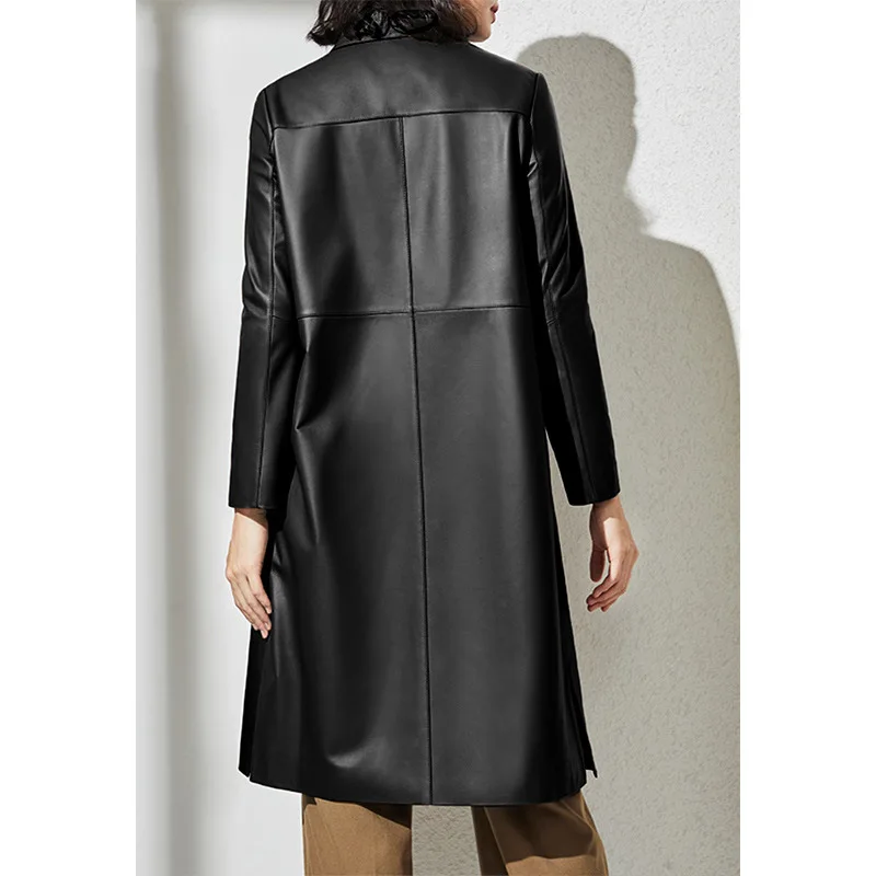 Women's Leather Trench, OL Lapel Genuine Leather Coat, Lace Up, Sheepskin Jacket, Long Trench, Large Size