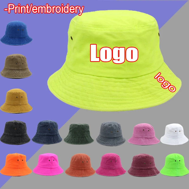 

DIY Logo Print Fluorescent Green Washing Cotton Simple Bob Hip Hop Bucket Hat Men's Women's Panama Beach Fishing Bunny Sun Cap