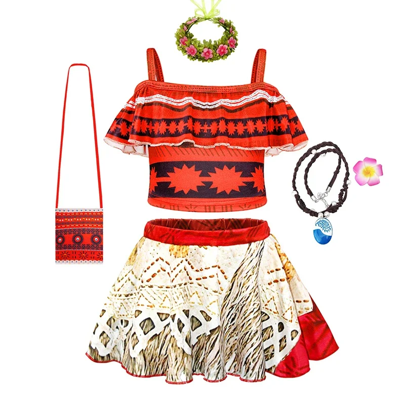 Girls Disney Moana Princess Dress for Kid Halloween Cosplay Vaiana Costume Children Birthday Party Headwear Flower Clothes Set view 5