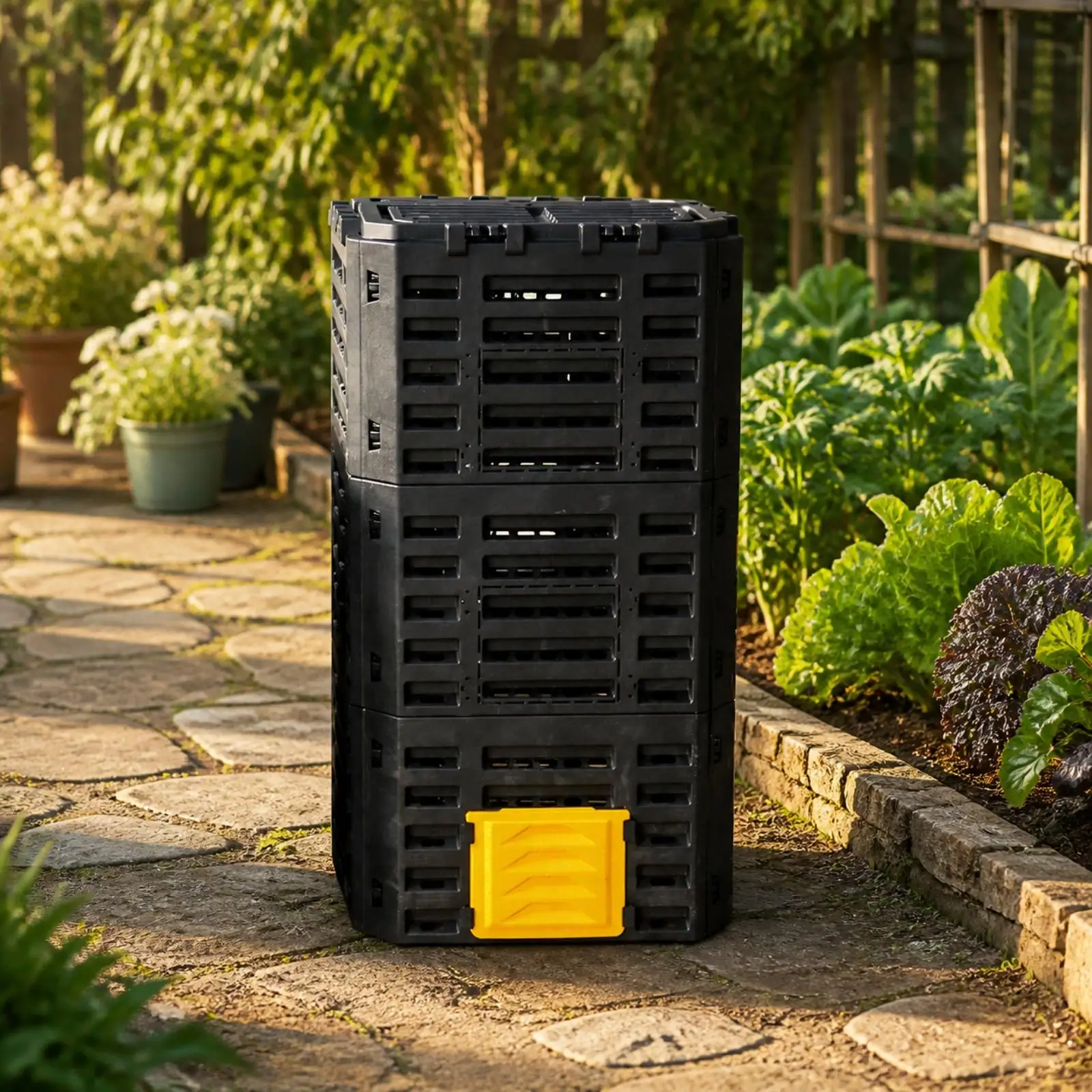 Plastic Garden Compost Bin Stackable Composting Box with Snap Front Access Door for Backyard Organic Waste Recycling