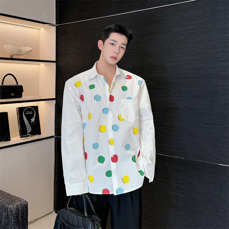 

SYUHGFA Korean Style Polka Dot Printing Shirt 2024 Spring Summer New Long Sleeved Shirts Trend Turn-down Collar Loose Male Tops