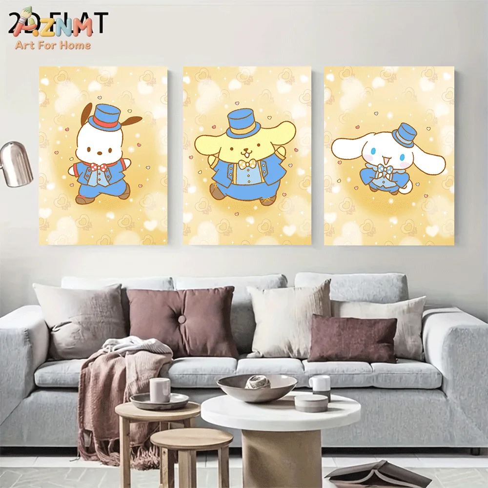 AZNM Sanrio Pochacco Pom Pom Purin Cinnamoroll Frameless Canvas Wall Art, Cute Gentleman Cartoon Poster, Warm Home Bedroom Decor