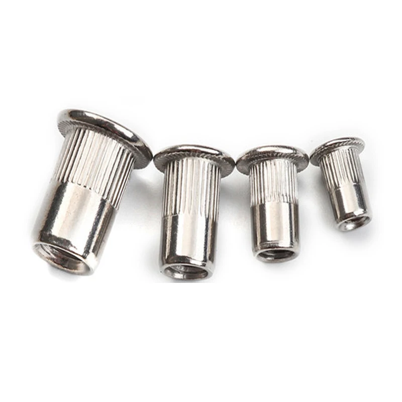 M3 M4 M5 M6 M8 M10 M12 304 Stainless Steel Threaded Rivet Nut Rivnuts Knurled Steel Head Nutserts Flat Head Threaded Insert Nuts