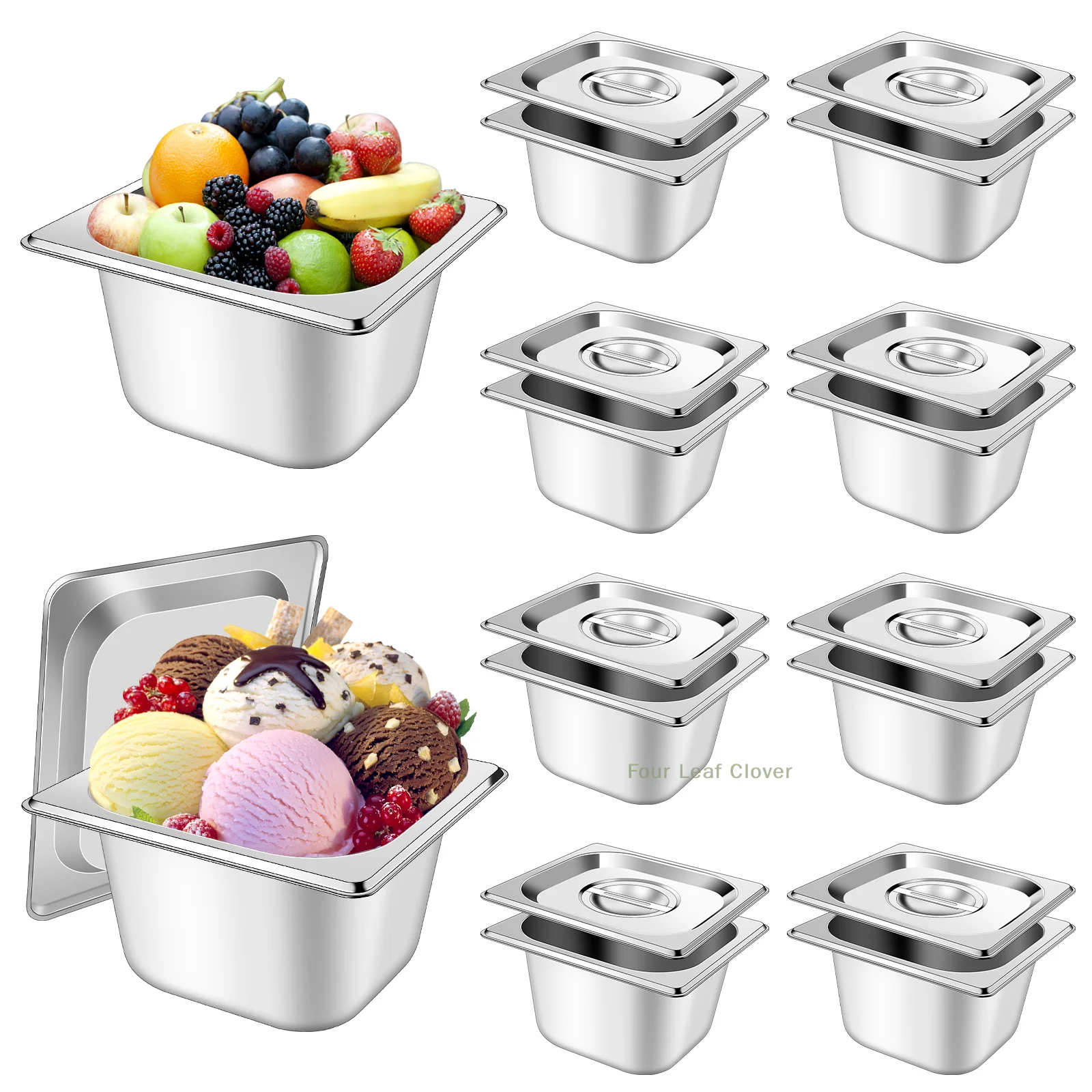

10 Set 1/6 Size Stainless Steel Hotel Pans With Lids 4" Deep Steam Table Pan Food Pan Lid With Handled Catering Food Storage Met