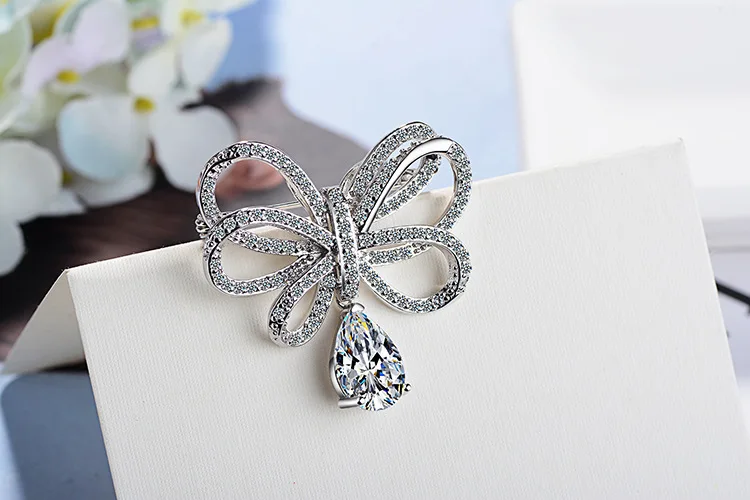 Newest  925 Sterling Silver Bowknot Design CZ Crystal Brooches for Women Fashion Pins Necktie Clothing Dress Wedding Jewelry