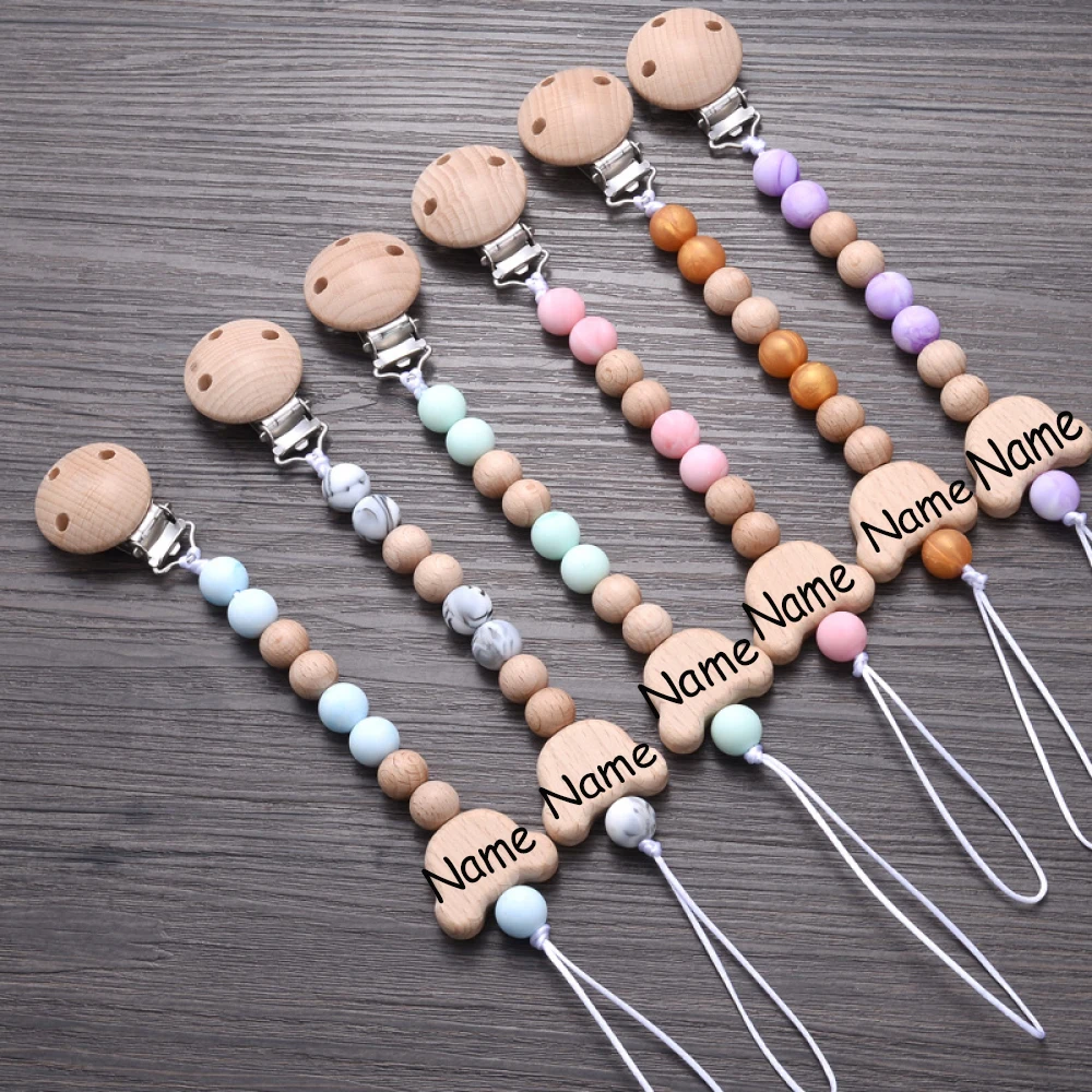 Customized Name Wood Baby Pacifier Chain Clip Silicone Bead Dummy Nipple Holder With Name Teether Pendant Baby Gift