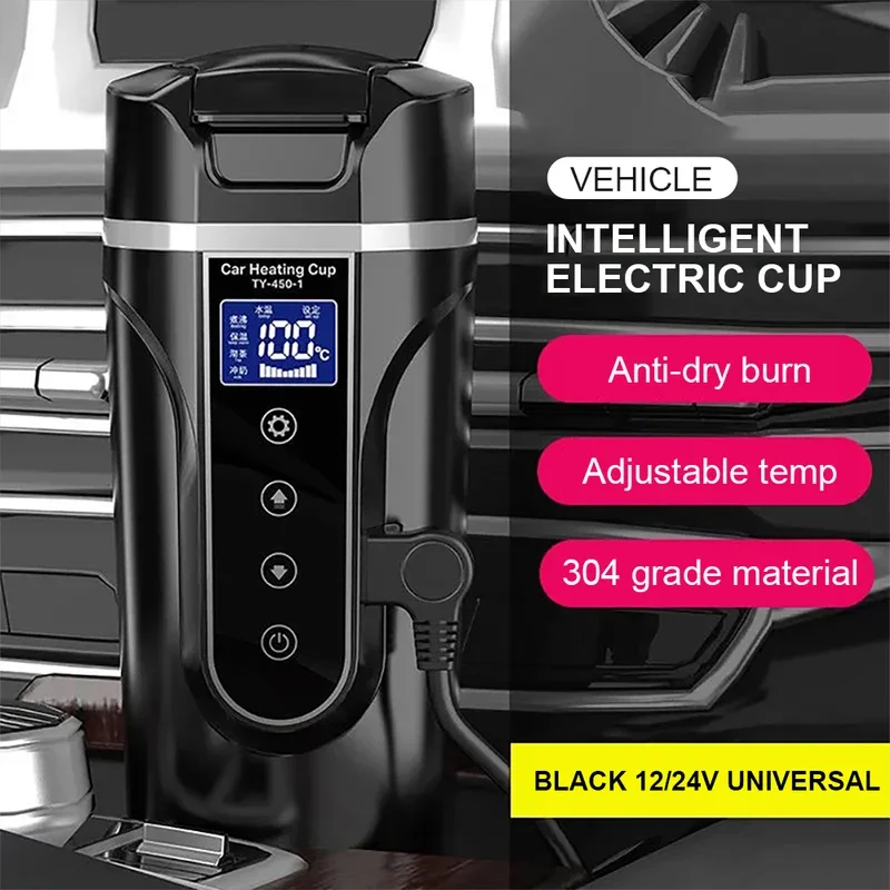 

12V 24V Car Heating Cup Electric Kettle Stainless Steel Smart Temperature Control Touch LCD Display Travel Coffee Mug Warmer