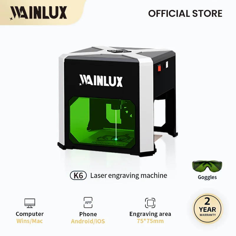 Wainlux K6 Laser CNC Wood Engraving Machine Fast Mini Bluetooth Painted Machine Dog Tag Printer Cutter Woodworking Wood Plastic