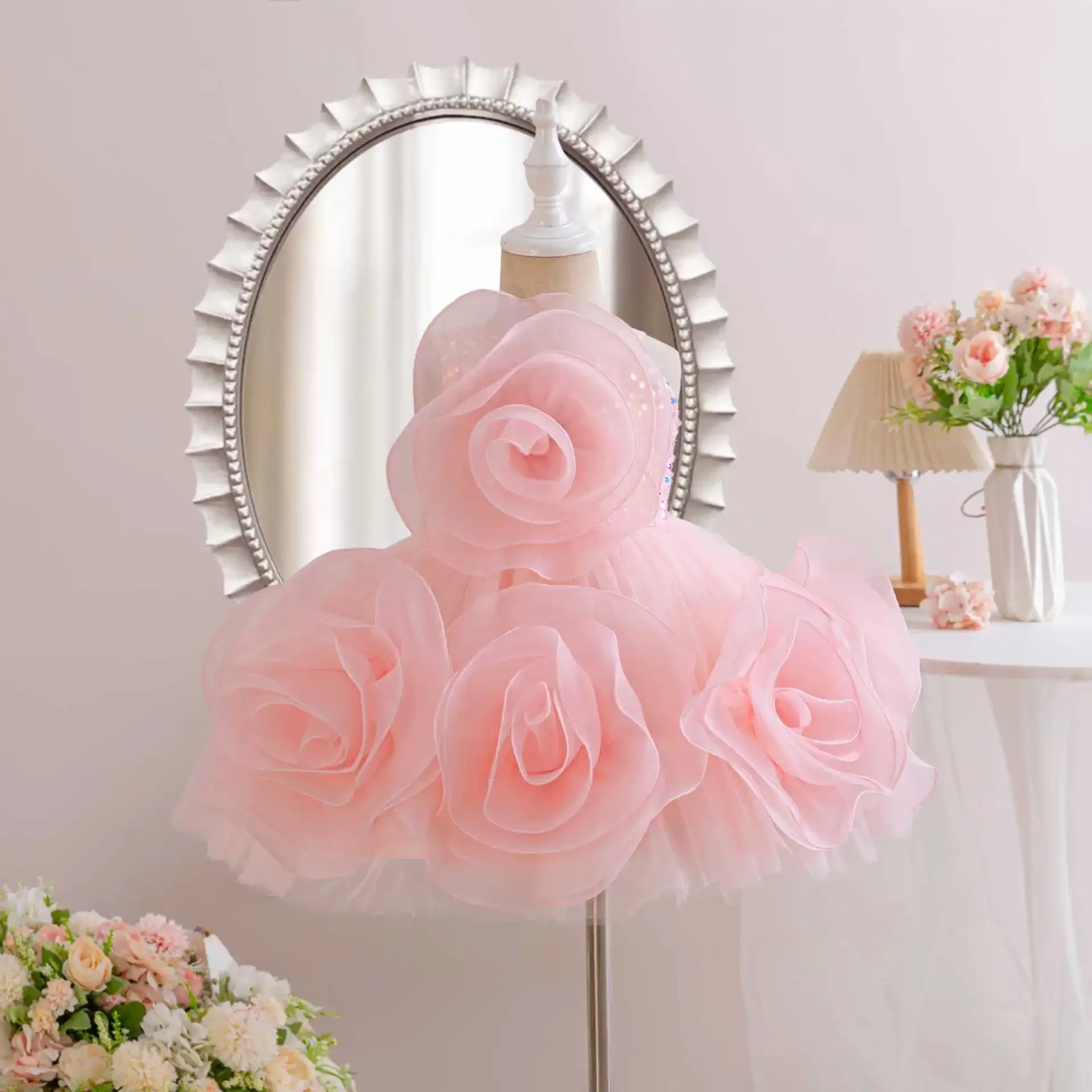 Girls Party Dresses Flower Elegant Child Wedding Gown Sequined Big Bow Kids Birthday Ceremonial Frocks 1-7 Years