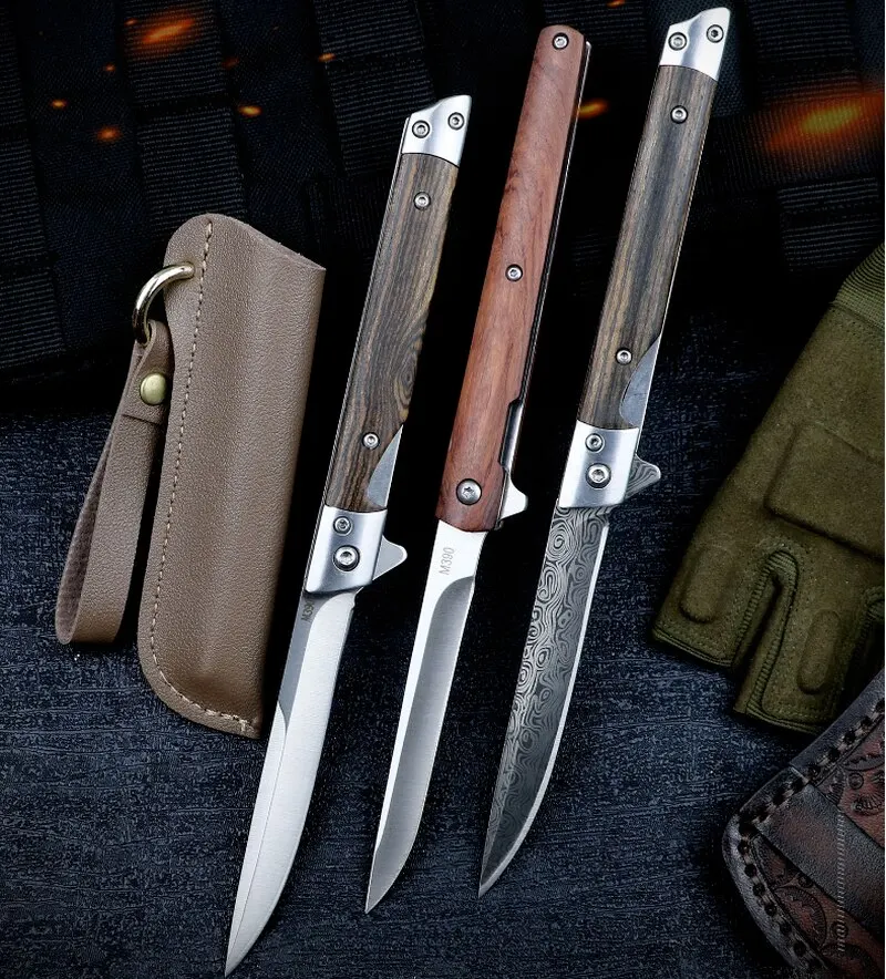 Folding Knife Damascus Pattern Outdoor Pocket Jungle Hunting SelfDefense Camping Survival Sandal Wood Handle Magic Pen Knife