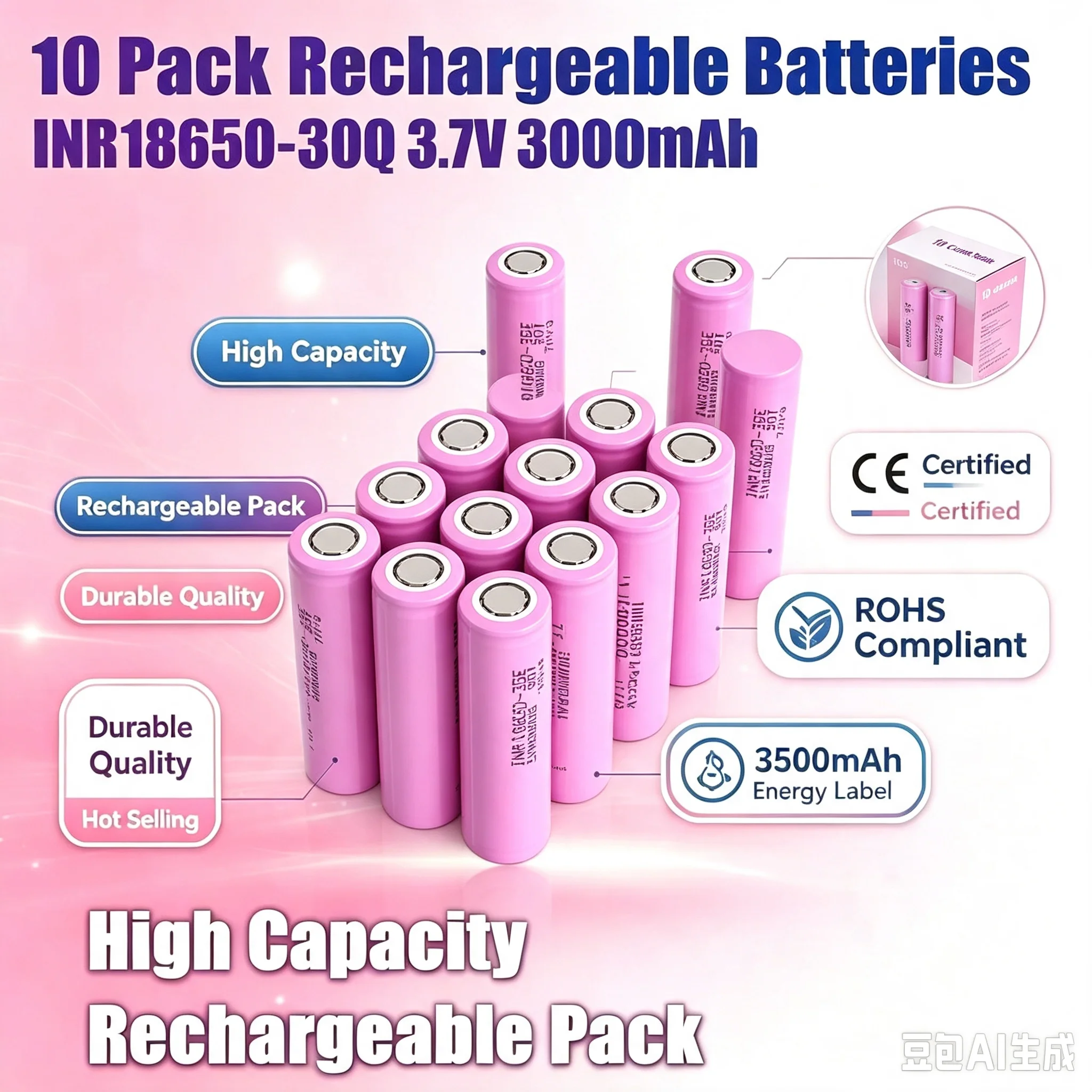 DAWEIKALA 10er-Pack 18650 3000mAh 3,7V Wiederaufladbare Lithium-Ionen-Batterien für Elektrowerkzeuge, Taschenlampen und Elektrofahrräder