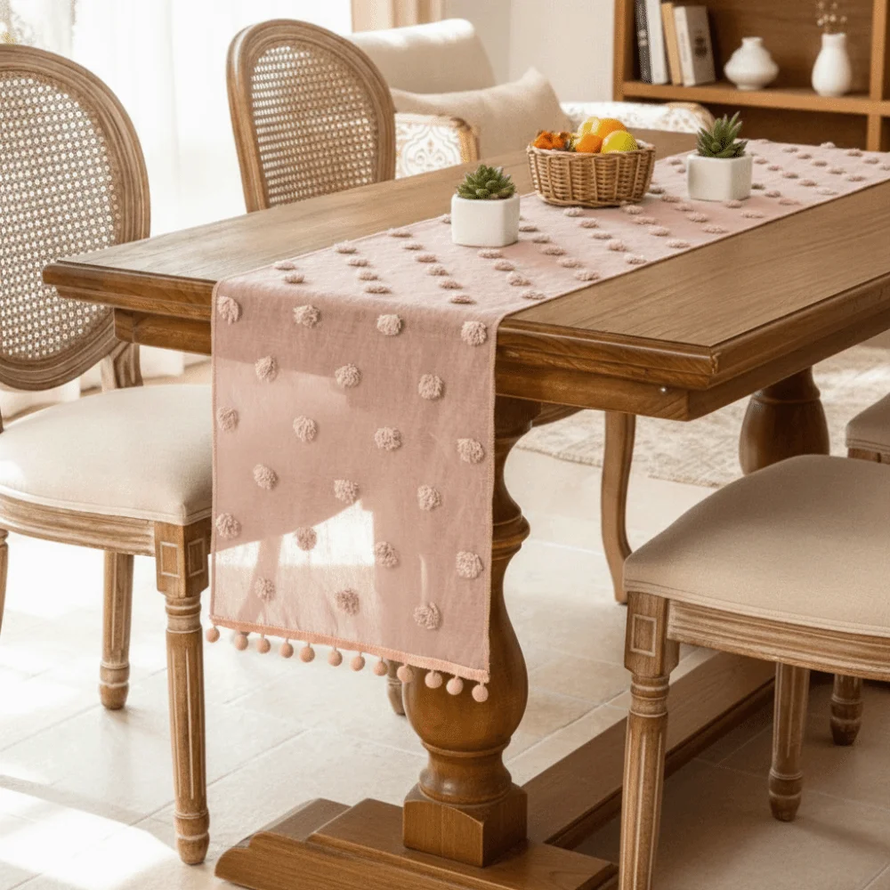 Nordic Style Lace Table Runner with 3D Pom-poms Rectangular Dining Table Cloth Gauze French-style Bookcase Cover Restaurant