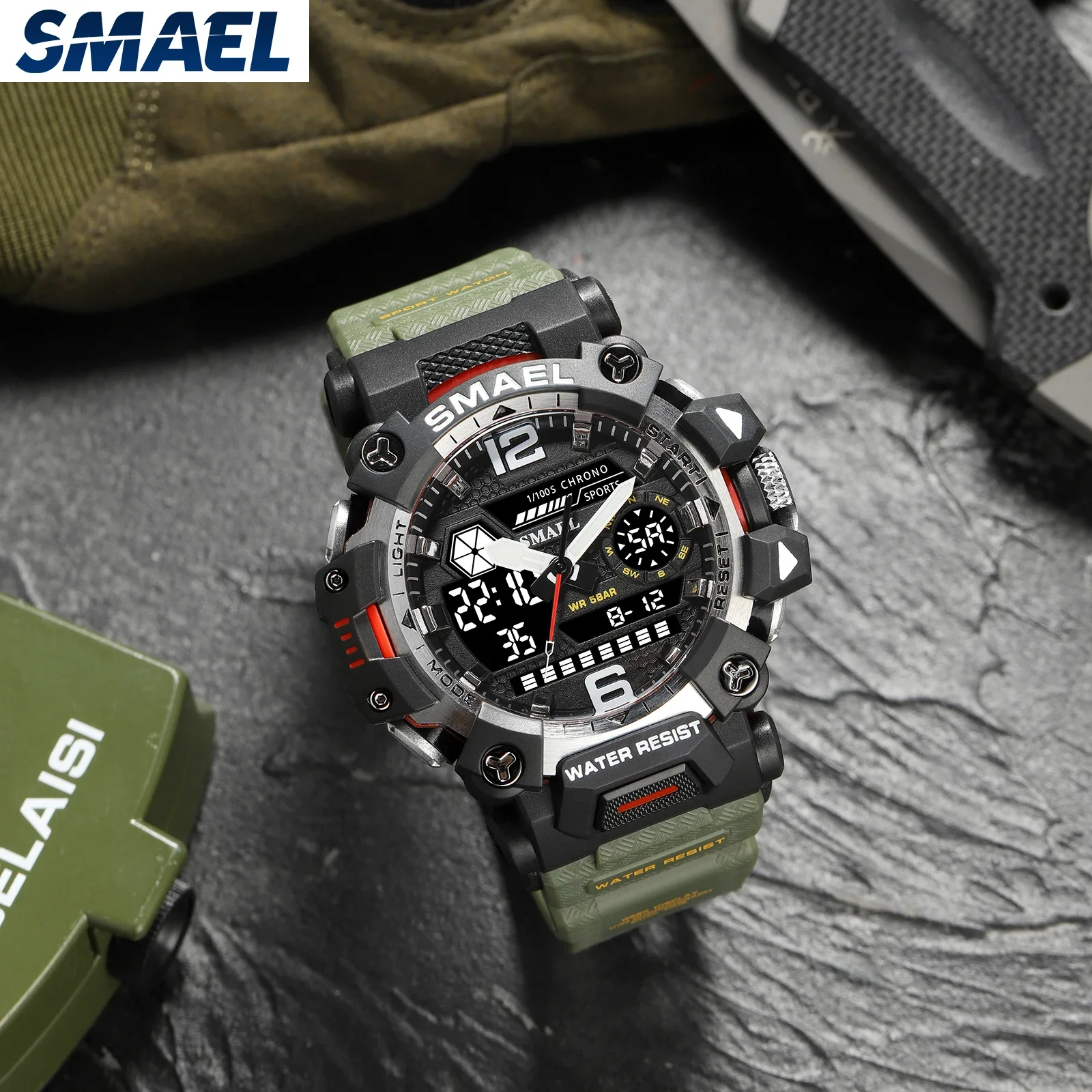 SMAEL 8072 Alloy Military Style Watch Night Glow Waterproof Dual Display Quartz Electronic Watch Outdoor Tactical Men\'s