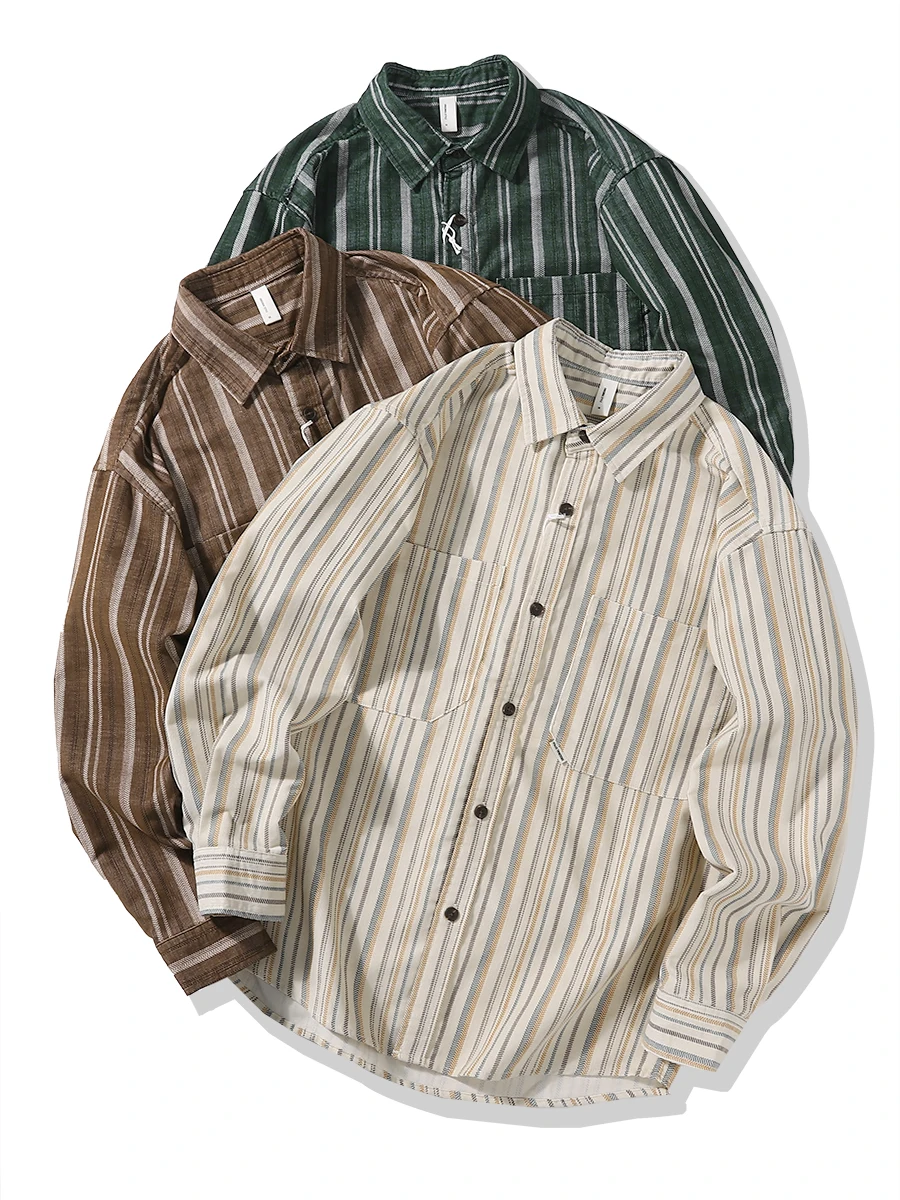 

Spring Season Japanese Sle Retro Art Casual Loose Corduroy Color Blo Striped Long Sve irt ex Comfortable Top