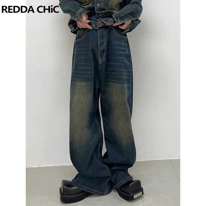 REDDACHIC Vintage Distressed Wash Denim Wide Pants Men Frayed Whiskers Adjust-waist Loose Straight Baggy Jeans Hiphop Streetwear