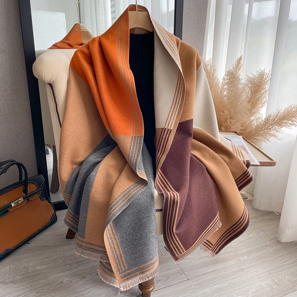 Winter women\'s geometric splicing faux cashmere scarf fall and winter thickened fashion warm and versatile scarf shawl