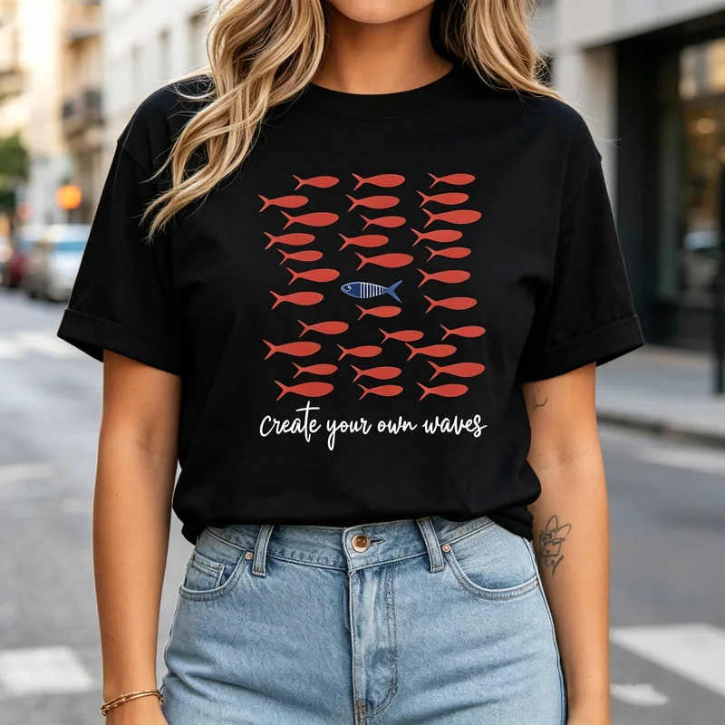 Fish Waves Graphic T Shirt Create Your Own Waves Quote Print Nautical Ocean Unisex Soft Cotton Crew Neck Top