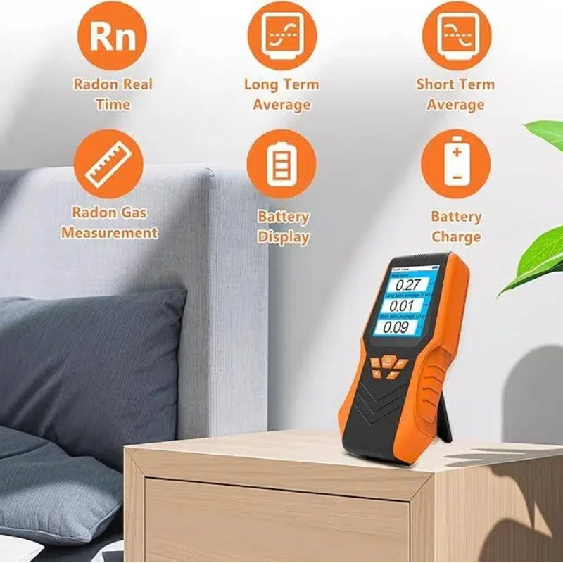 Radon detector, LCD screen, rechargeable lithium battery, real-time radon testing, high precision, dual units (pCi/L and Bq/m³)