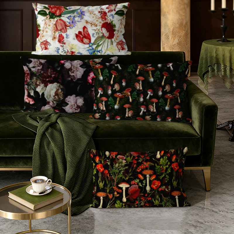 Vintage-Kissenbezug mit Blumen- und Pilzmotiv, geeignet für Sofa, Schlafzimmer, Auto, Kissenbezug, rechteckiges Rückenkissen