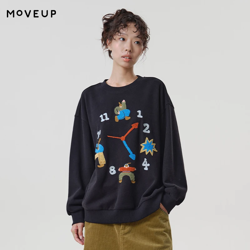 MOVEUP Crew Neck Clock Figure Embroidery Sweatshirt 2026 Autumn Loose Long Sleeve Casual Commuter Pullover Sweatshirt 3ELQ11413