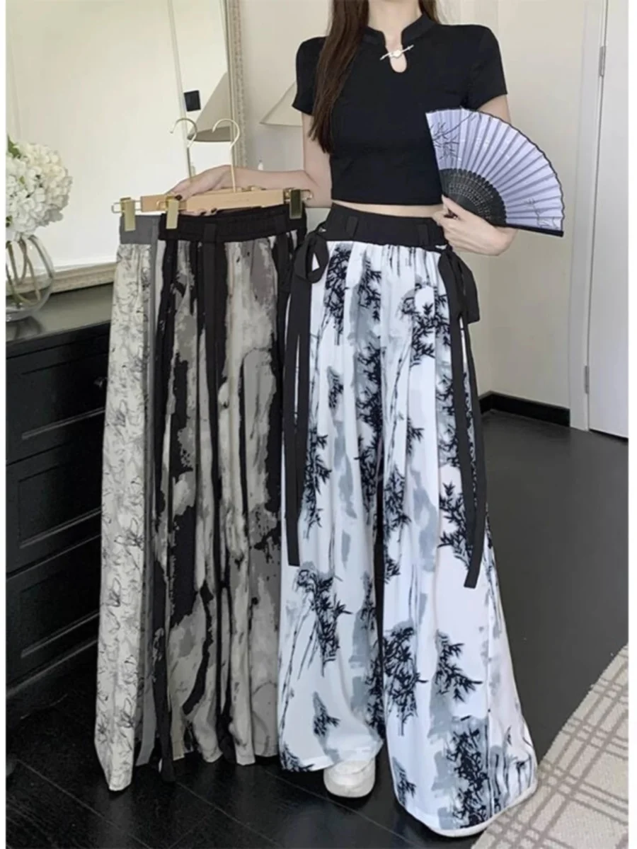 

Широкие брюки больших размеров, повседневные тонкие летние брюки с принтом водяных чернил, новый дизайн дзен, корейская юбка трапециевидной формы с высокой талией, полиэфирное волокно