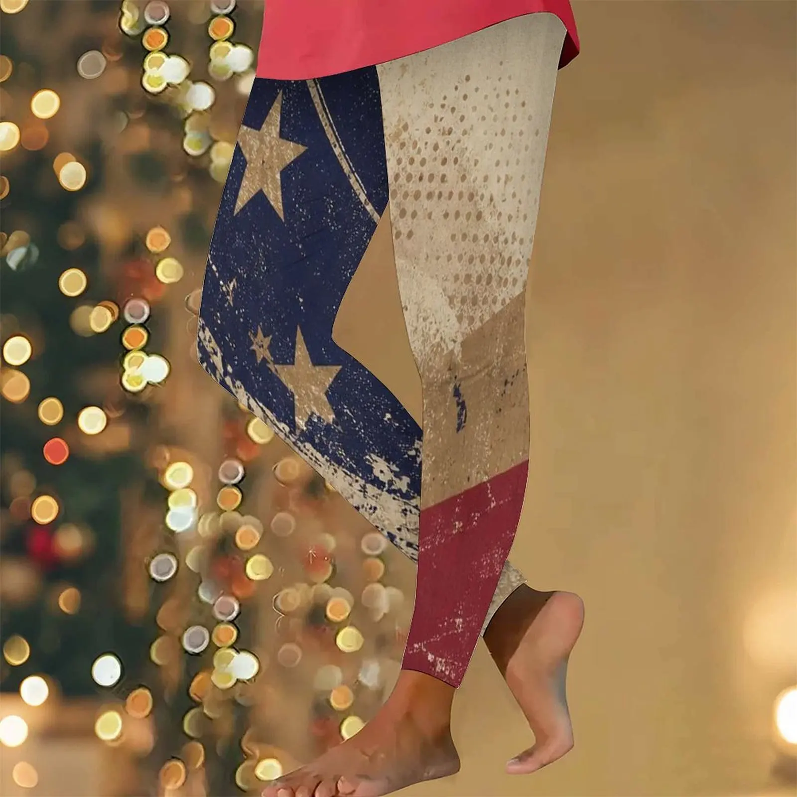 Women Full Length Fitted Printed Distressed Star Flag Leggings