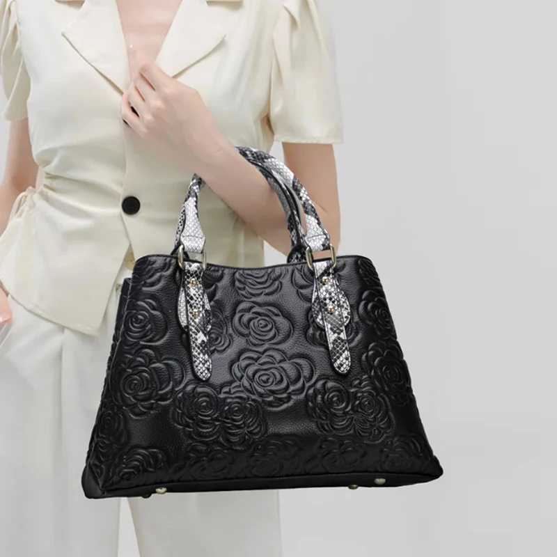 

Aidrani Women's luxury leather handbag, large capacity black, with floral and snake pattern design,