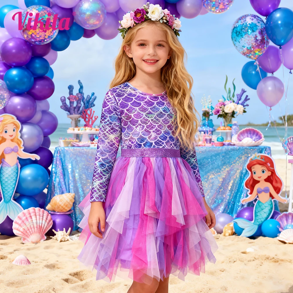 

VIKITA Girls Mermaid Print Dress Kids Autumn Spring Long Sleeve Irregular Dresses Girls Tulle Mesh Tutu Party Princess Dress