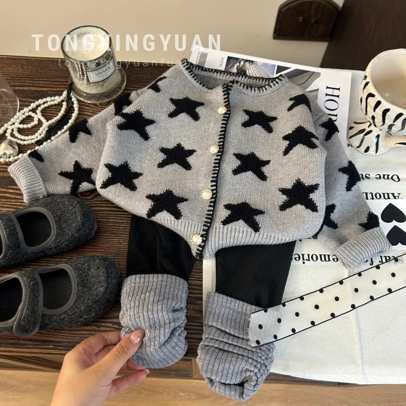 Korean Children's Clothing New Autumn Girls' Five Pointed Star Sweater Cardigan, Children's Pile Socks, Leggings Two-piece Set