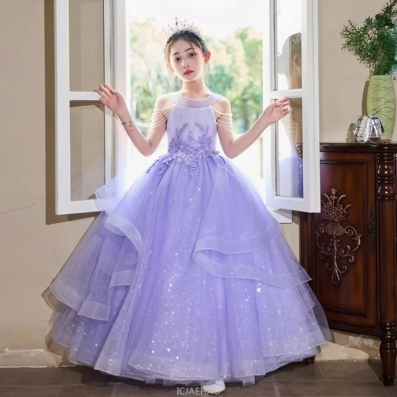2025 Purple Girls Princess Dress Children Clothes Piano Recital Pageant Performance Gown Costume Birthday Party Formal Outfit