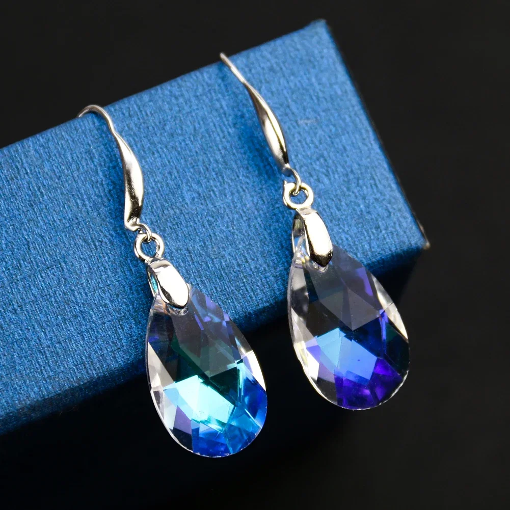 A Pair Flame Polished AB Colour Angel Tears Water Drop Glass Crystal Prism Earrings Aurora Women Dangle Earrings Radiant Jewelry